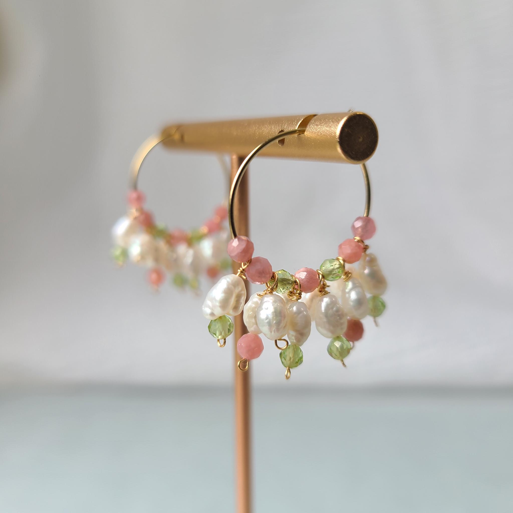 【春のお誘いピアス】ストロベリークォーツ ペリドット 淡水パール k14gf使用（お花見、桜の季節に）《ギフト配送対応》 | 2枚目