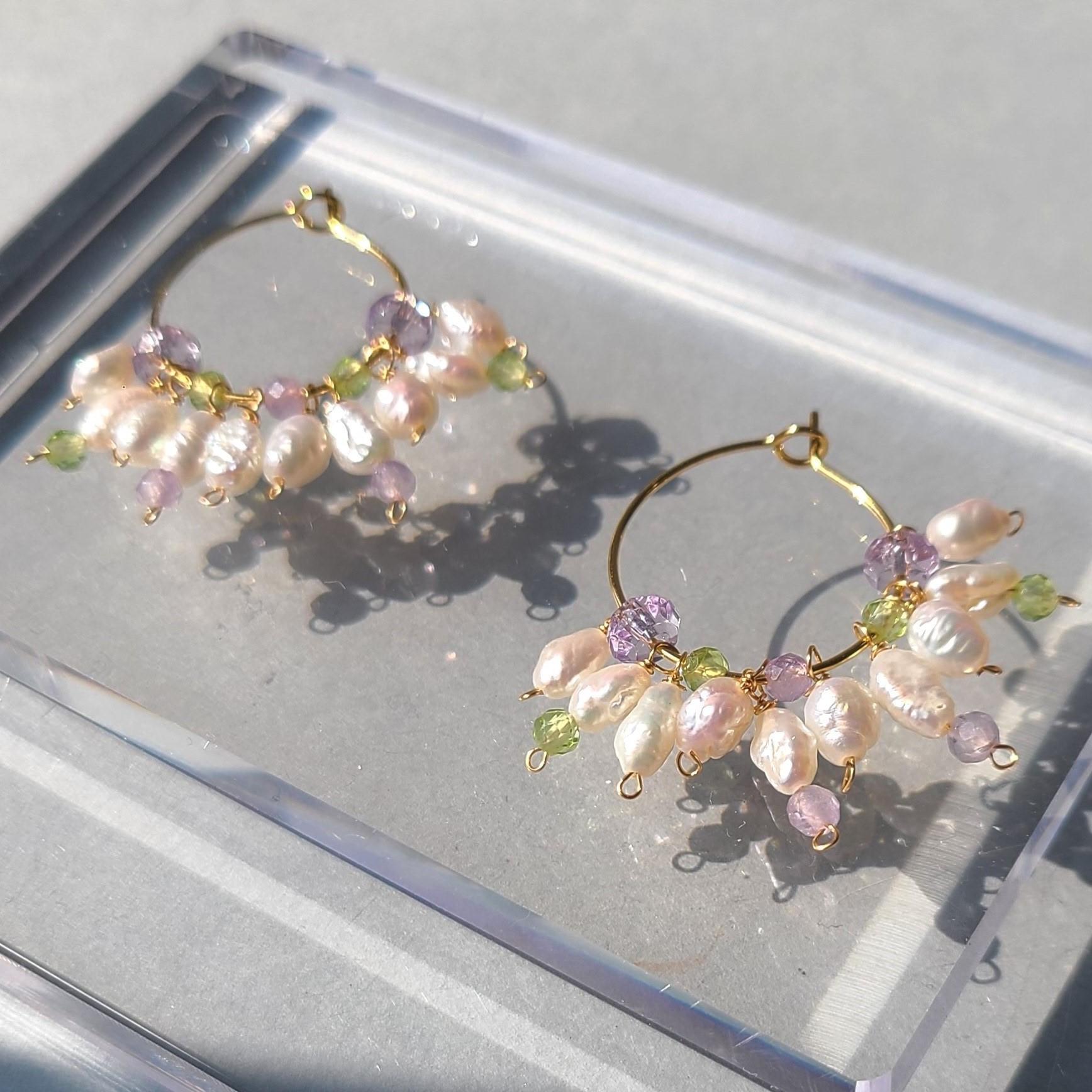 【春のお誘いピアス】アメジスト ペリドット 淡水パール k14gf使用（お花見、藤の季節に）《ギフト配送対応》1枚目の画像